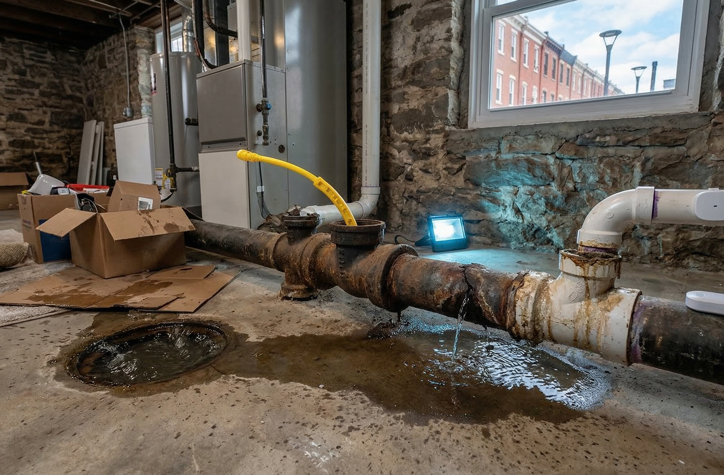 A leaking and dirty sewer in need of emergency plumbing services.