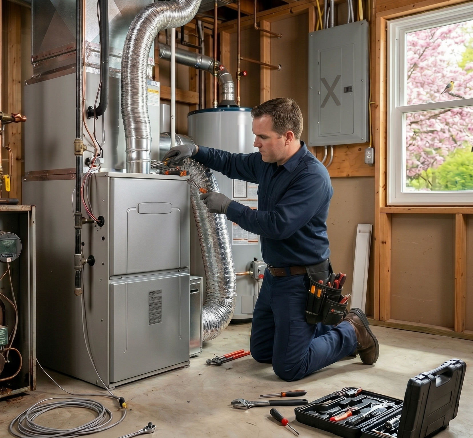 An HVAC replacement technician swapping out an old heater for a new unit.