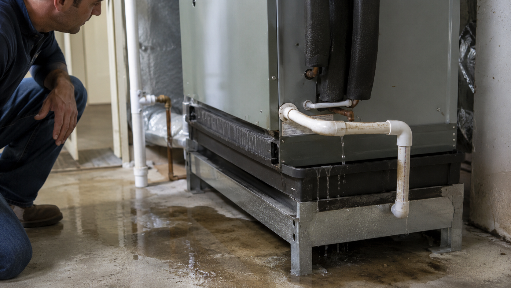 An HVAC technician checking a clogged AC drain line.