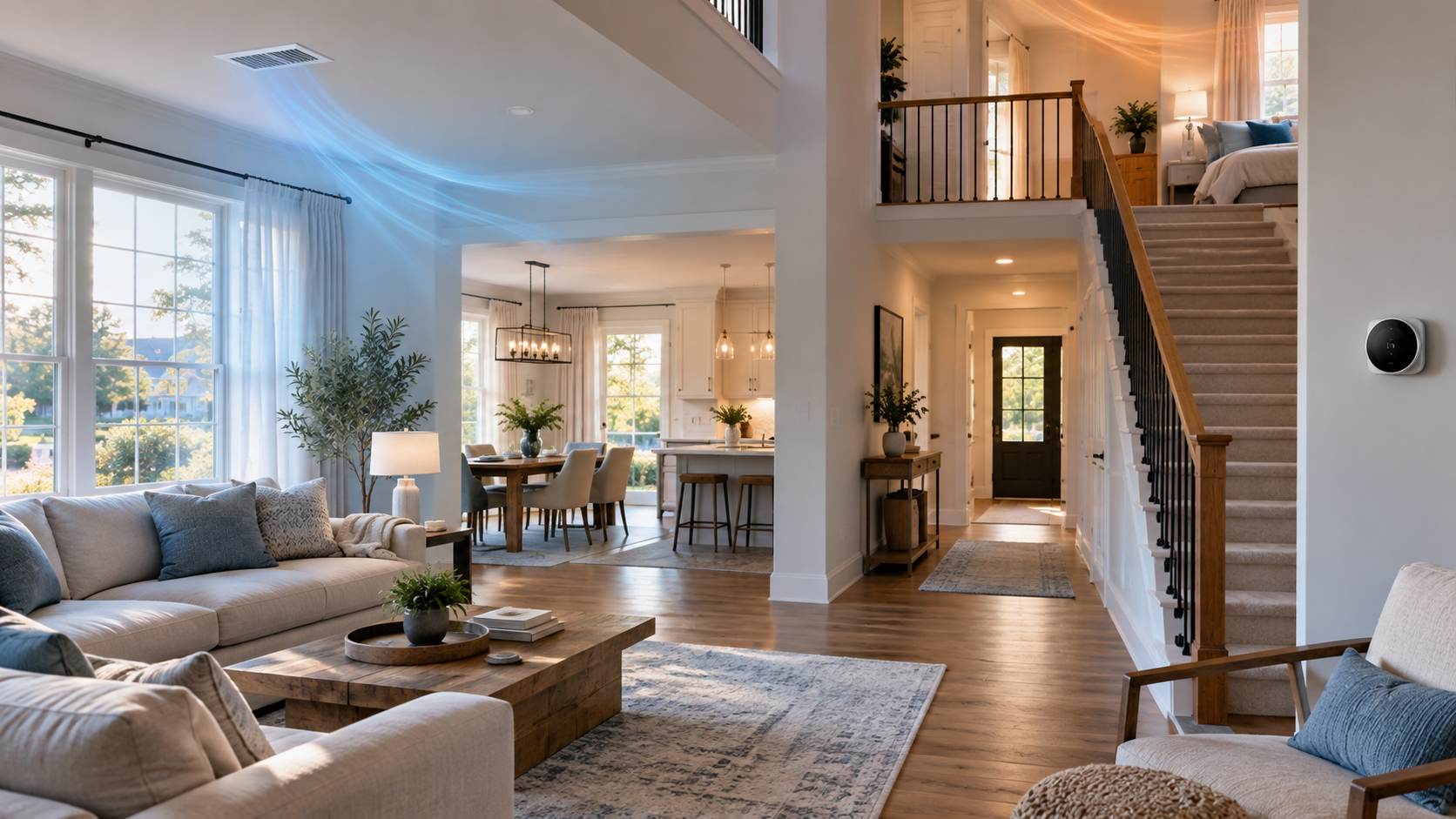 Bright open-concept home interior showing separate warm and cool comfort zones connected by a staircase and hallway.
