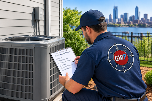 HVAC technician wearing a Greater Works Plumbing logo shirt inspects an outdoor AC unit and reviews an installation checklist beside a home.